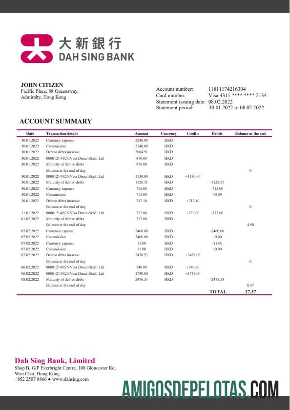 Modelo de extrato bancário Hong Kong DAH Sing para download, formato Word e PDF